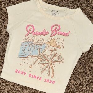 Roxy Cream Tropical Graphic Tee with Pink & Blue Print